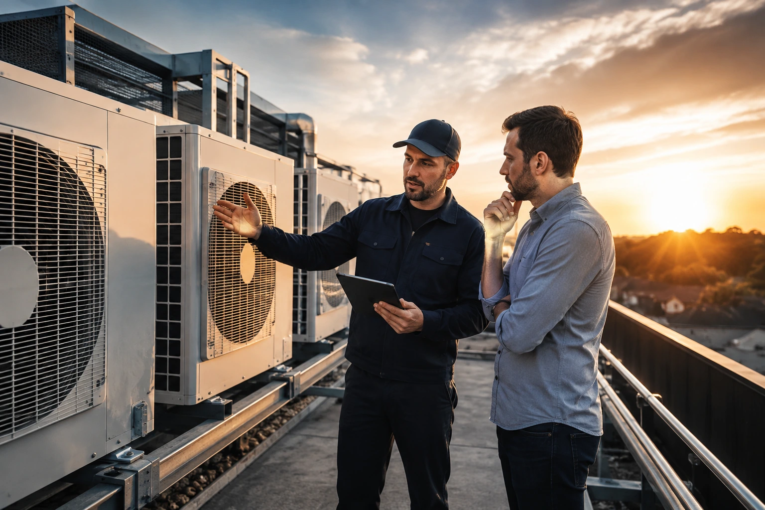 HVAC technician explaining a system to a homeowner in Fresno